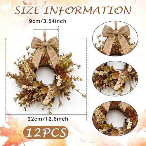 12 Pcs Small Fall Hanging Wreaths with Artificial Autumn Eucalyptus Greenery White Buds Beige Spikes Mini Cabinet Wreath for Home Table Centerpieces Kitchen Farmhouse Thanksgiving Party Decor - Image 2