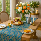 ThrowPillow Luxury Banarasi Brocade Silk Table Runner | Blue & Gold Jacquard with Tassels | 14x90 Inches | Festive Diwali Decor | Center | Gift | Pooja Rooms - Image 4