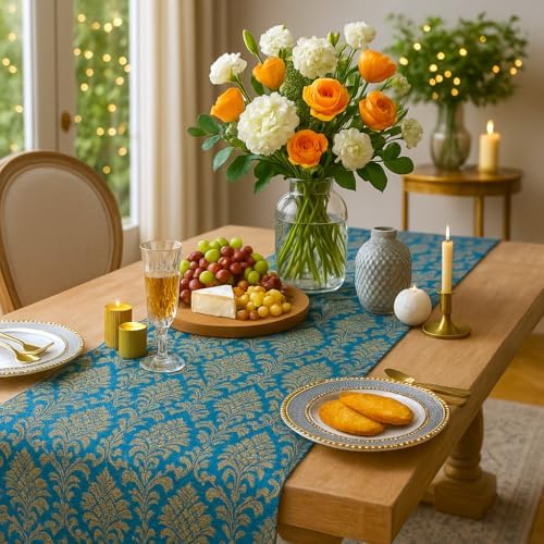 ThrowPillow Luxury Banarasi Brocade Silk Table Runner | Blue & Gold Jacquard with Tassels | 14x90 Inches | Festive Diwali Decor | Center | Gift | Pooja Rooms - Image 4