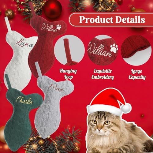 Personalized Cat Christmas Stockings - Custom Embroidered Pet Name & Fish Shape Stocking for Cat, 15.3” Large Knit Monogram Xmas Stockings for Fireplace Holiday Decor Gift(8 Pack) - Image 3