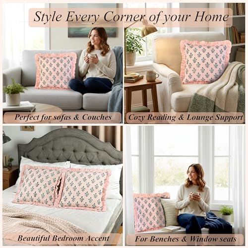 Ridhi Salmon Blossom Floral Block Print Throw Pillow Covers 18x18 Inch - Image 5