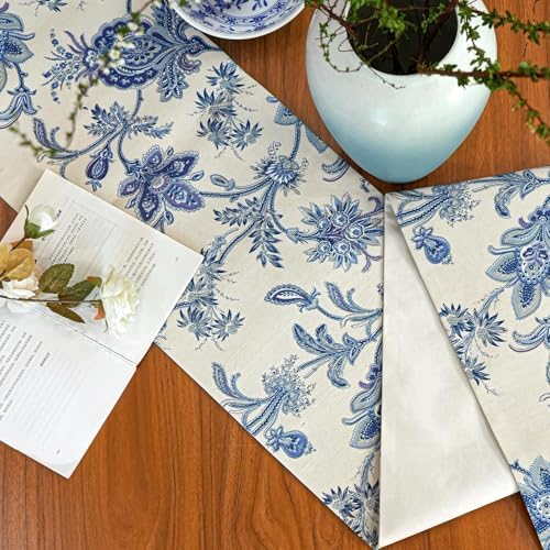Blue Table Runner Cotton Polyester 12x144 Inch, Beige and Blue - Image 4
