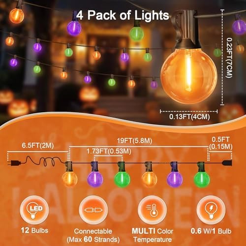 LAMPHOME Globe Outdoor Halloween String Lights, 4 Pack 26FT Patio Lights with 12+1 Edison Shatterproof Bulbs, Connectable Dimmable Waterproof for Backyard Porch Halloween Decor, Orange Green Purple - Image 2