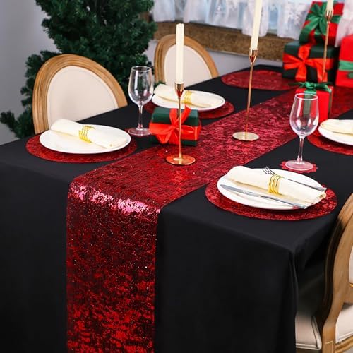 Snowkingdom Red Sparkly Table Runner Glitter Sequin Glitter Metallic Foil Mesh Lace 11 Inch x 49 Feet Long Roll Centerpieces Decorations for Wedding Anniversary Mother's Day Valentine Party Birthday - Image 3