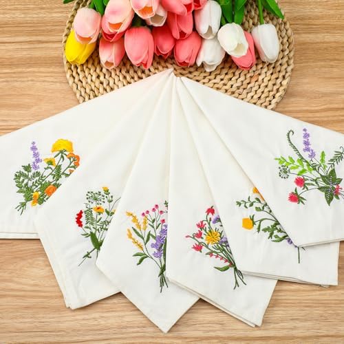 Tioncy 12 Pcs Christmas Floral Cloth Napkins Decorations Bulk Embroidered Wildflower Dinner Napkins Tea Cocktail Party Gifts Xmas Stocking Stuffers for Holiday Table Decor (White) - Image 6