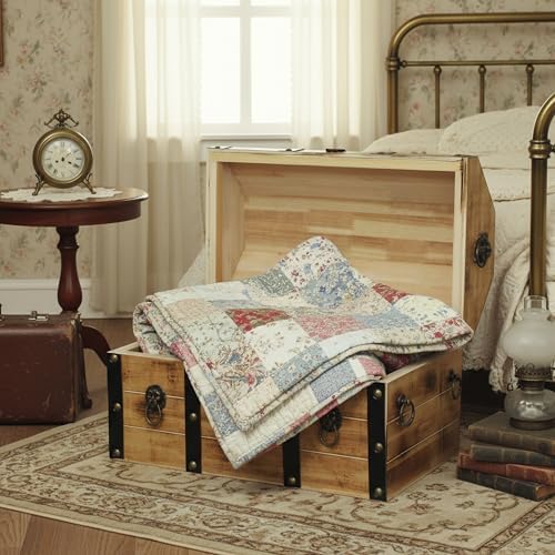 Vintiquewise Wooden Treasure Chest Trunk Vintage-Style Storage Box with Leather Straps Brass Rivets Lion Head Ornaments & Latch Closure Decorative Accent and Functional Organizer for Home Décor, Large - Image 5