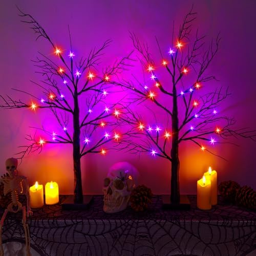 2Pack 24 Inch Halloween Spooky Tree with Lights, Lighted Tabletop Black Tree with Timer, Indoor Halloween Decorations for Home by Gralima