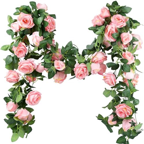 FiveSeasonStuff Amaranth Pink Artificial Rose Garlands, Four Separate Faux Flower Vines with Greenery by FiveSeasonStuff