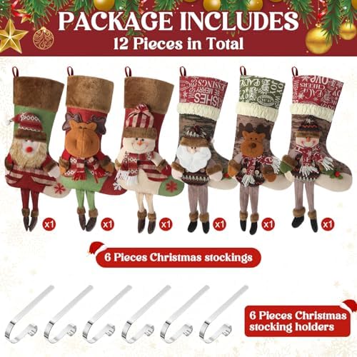 Foaincore Vintage Christmas Stocking 6 Pack 18 Inches with 6 Pieces Zinc Alloy Stocking Holders Fireplace Adjustable Holders for Family Holiday Mantel(Snowman) - Image 4