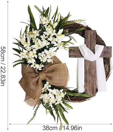 Easter Cross Wreath with Burlap Bow, Easter Door Wreath with Burlap Bow Swag Bowknot Rustic Farmhouse Spring Lily Wreath Easter Decorations for Hanging Door Decor (23IN Num.04) - Image 5