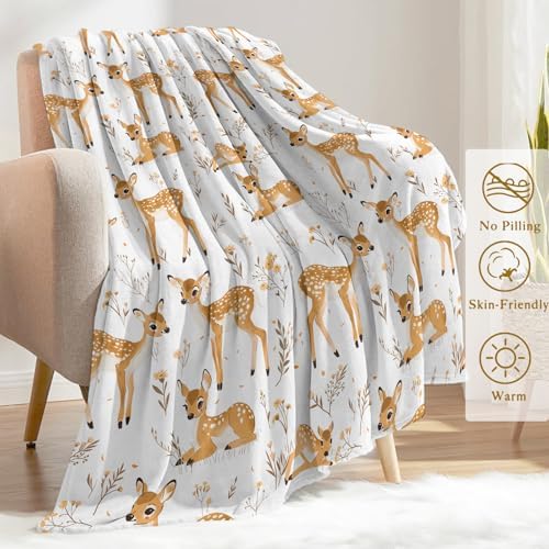 Cute Deer Fleece Blanket - Lightweight Soft Cozy Gifts Throw for Nature Lovers,Kids,Girls,Women,Sweet Animal & Floral White Blankets,Home Room Modern Art Decor 50x60in - Image 3