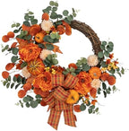 24" Artificial Fall Half Wreath for Front Door Autumn Wreath with Pumpkin Peony Eucalyptus Chrysanthemum and Ribbon for Halloween Thanksgiving Day Indoor Outdoor Farmhouse Window Wall Décor by Arborus