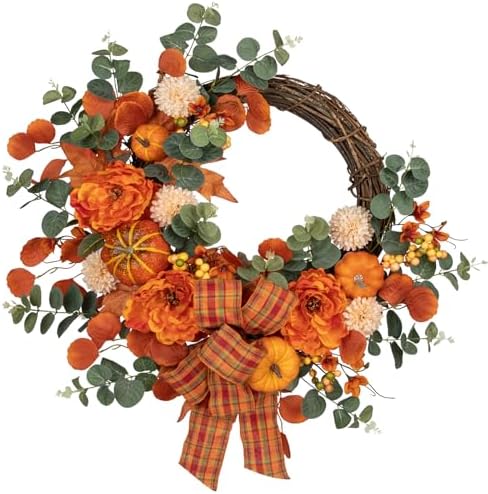 24" Artificial Fall Half Wreath for Front Door Autumn Wreath with Pumpkin Peony Eucalyptus Chrysanthemum and Ribbon for Halloween Thanksgiving Day Indoor Outdoor Farmhouse Window Wall Décor by Arborus