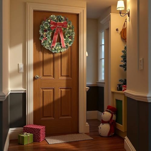 Christmas Wreath Front Door Wreath - 24 Inch Pre-Lit Outdoor Wreaths for Front Door Battery Operated 55 White Lights Bulbs Christmas Decoration Wall Wreath Outside DiliComing - Image 4