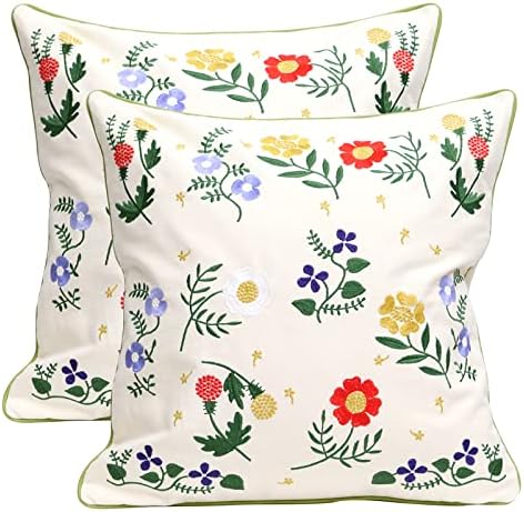 Set of 2 Embroidered Decorative Throw Pillow Covers Couch Square Pillowcases Cushion for Bedroom Sofa Farmhouse Decor 18x18 Inch (Flower-C) by Pilmandu