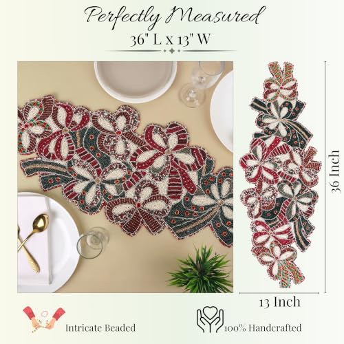 Beaded Table Runner 13 x 36 Inch - Handmade Glass Bead Decorative Runner for Dining Table, Coffee Table, Farmhouse, Wedding, Christmas & Holiday Centerpiece Decor, Maroon Dark Green - Image 4