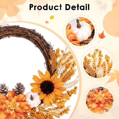 Fall Wreaths, 2 Pack, 20" Front Door Decor, Artificial Sunflower Pumpkin - Image 4