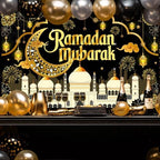 Mocsicka Ramadan Mubarak Decorations Backdrop Blue Gold Muslim Ramadan Kareem Banner Eid Mubarak for Home Muslim Party Supplies (Black, 8x6ft) - Image 2