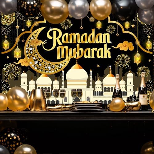 Mocsicka Ramadan Mubarak Decorations Backdrop Blue Gold Muslim Ramadan Kareem Banner Eid Mubarak for Home Muslim Party Supplies (Black, 8x6ft) - Image 2