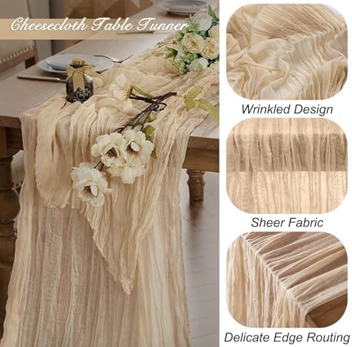 8 Pack 10Ft Beige Boho Gauze Cheesecloth Table Runner Long Wrinkled Sheer Romantic Table Cloths for Wedding Bridal Shower Birthday Party Table Decor - Image 2