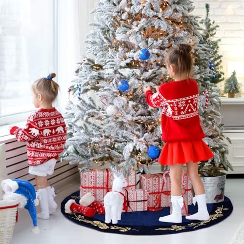 48 Inch Christmas Tree Skirt Velvet Xmas Tree Skirt with Gold Embroidery Holly Leaf Decorations for Christmas Party Favors Holiday New Year Decor(Blue) - Image 5