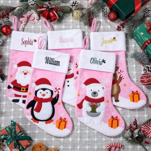 Personalized Christmas Stockings with Embroidered Name & Monogram,Custom Embroidered Pink Christmas Stocking,Santa,Snowman & Reindeer Stocking for Family & Fireplace Holiday Decor(4 Pack) - Image 6