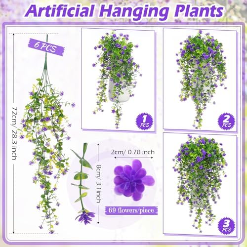 Hotop 6 Pcs Artificial Hanging Plants Ivy Vine with Flowers, Purple - Image 2
