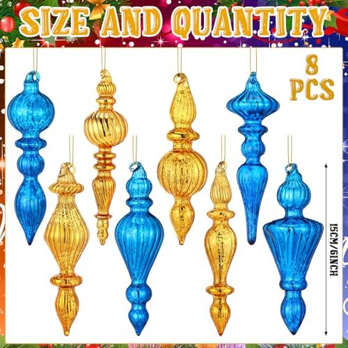 Mifoci 8 Pcs 6 Inch Mercury Glass Finial Christmas Ornaments,Blue, Gold - Image 3