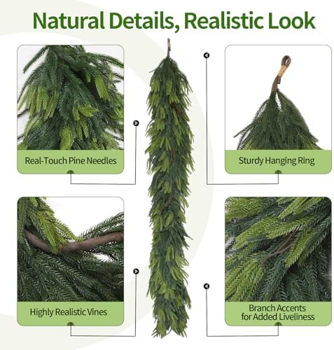 6FT Artificial Norfolk Pine Garland 2 Pack – Dense Green Christmas Garland, Real Touch Holiday Greenery for Front Door, Fireplace Mantel, Staircase, Indoor Outdoor Home Decoration - Image 6
