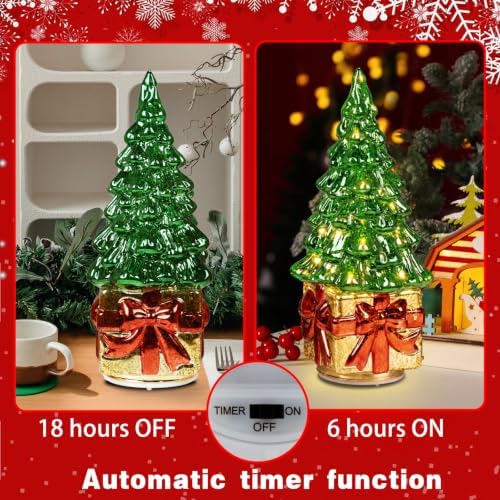 Glass Christmas Trees for Tabletop, Rotating Mercury Glass Christmas Tree Decoration, Sparkling Small Xmas Tree with Lights, Battery Operated Xmas Trees with Timer (Green) - Image 2