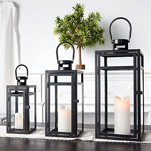 TRIROCKS Stainless Steel Lantern Set of 3 - Assorted Sizes (12/15/19 Inch) - Tall Metal Hanging Lanterns with Clear Glass Panels, Indoor & Outdoor Home Decor for Parties & Events - Black Finish - Image 3