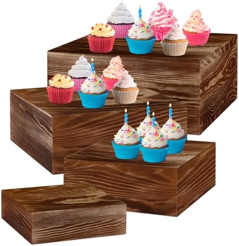 Roowest 4 Pack Wooden Display Risers, Rustic Cake Stands, Black Brown by Roowest