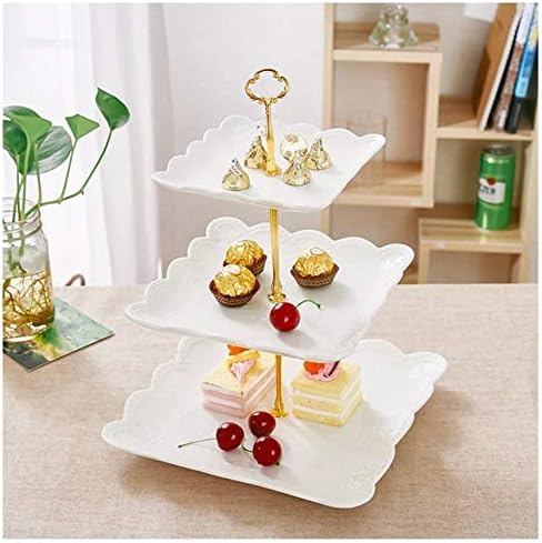 Sumerflos 3 Tier Porcelain Cupcake Stand, Tiered Serving Cake Stand, Square White Embossed Dessert Stand, Weddings Parties Pastry Serving Tray - Image 4