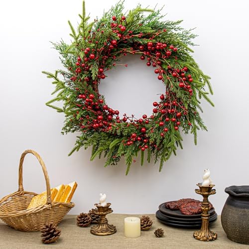 20 Inches Classic Christmas Wreath Rustic Christmas Wreaths for Front Door Xmas Winter Wreath with Green Norfolk Pine Needle Red Berry for Door Window Porch Wall Indoors Outside - Image 2