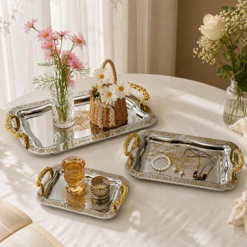 3 Pcs Silver Serving Trays with Handles - Image 6