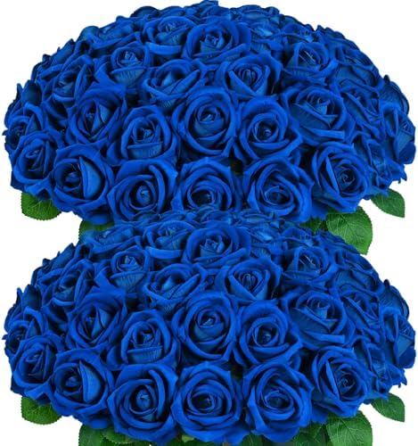 50Pcs Blue Roses Artificial Flowers, Real Touch Velvet Fake Roses Bouquet by BLEUMCADE