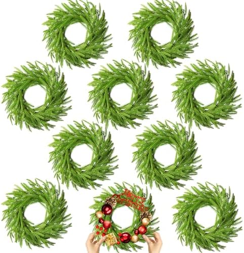 10 Pcs Christmas DIY Green Wreath 10 Inch Artificial DIY Faux Plain Wreaths Front Door Green Farmhouse Cabinets Indoor Outdoor Wall Decor(Norfolk Pine) by Gosodeny