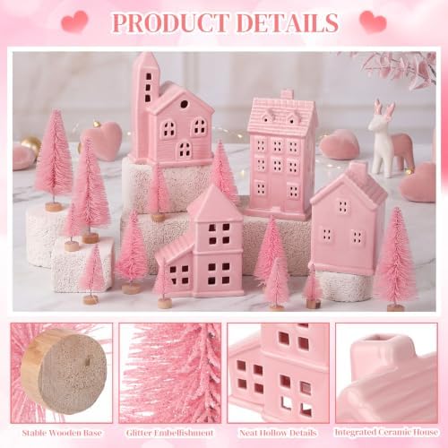 Suclain 16Pcs Christmas Ceramic Village Houses with Tree, Stylish, Pink - Image 3