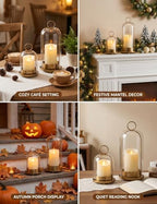 Brass Candle Holder Set of 2, Hurricane Glass Candle Holders with Flameless Candles, Glass Dome Candle Holder for Wedding, Holiday, Fireplace and Table Decor - Image 3