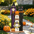 Halloween Welcome Sign with LED Lights, 36" Wooden Standing Sign, Witch Black Cat Ghost Design, Front Porch Decor for Outdoor Indoor Yard Garden Party - Image 6
