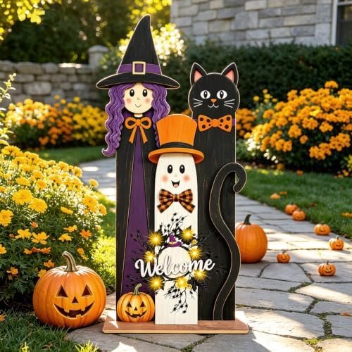 Halloween Welcome Sign with LED Lights, 36" Wooden Standing Sign, Witch Black Cat Ghost Design, Front Porch Decor for Outdoor Indoor Yard Garden Party - Image 6