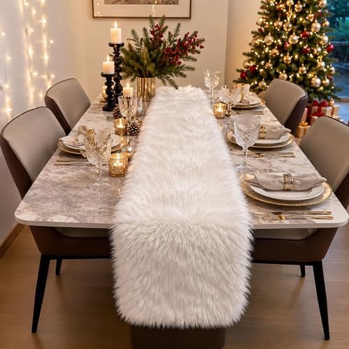 Faux Fur Table Runner 12x72 Inch White Christmas Table Decor by Frimievy