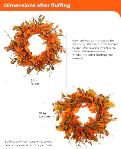 Fall Wreath for Front Door 24 inch Autumn Leaves Pumpkin Outdoor - Image 5