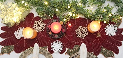 COTTON CRAFT Christmas Beaded Table Runner -13x36 inch Poinsettia Red Green - Image 4