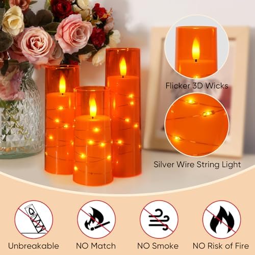 Raycare 9 Pcs Orange Halloween Flameless Pillar Candles with Remote Timer - Image 6