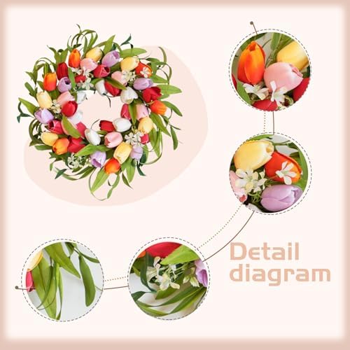 idyllic 20 Inch Spring Five-Color Tulip Wreath, for Front Door Window Porch Living Room Mantel Spring Colorful Home Decor Gift - Image 2
