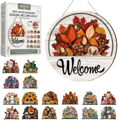 16PCS Interchangeable Welcome Sign for Front Door Seasonal Magnetic Wooden by Unknown