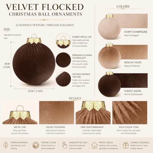 Simgoing 15 Pcs Neutral Velvet Christmas Ball Ornaments 3.15 Inch Brown Beige Polka Dot Flocked Xmas Ornaments with 10 Yards Velvet Ribbon Baubles Shatterproof Christmas Decoration for Holiday - Image 3