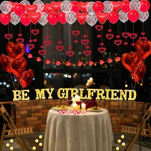 Be My Girlfriend Light Up Letters Proposal Decorations, 14Pcs 6.3" Letter Signs with 24Pcs Flameless Candles 2000Pcs Red Artificial Rose Petals 45Pcs Latex Balloons 10Pcs Heart Balloon Valentine's Day - Image 5