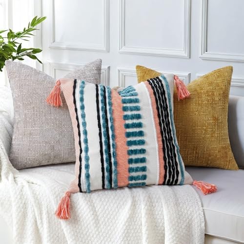 NUYECY Boho Throw Pillow Covers 18x18 Aesthetic Neutral Boucle Couch Pillow Cover Rainbow Striped Decorative Accent Pillow Case for Couch Bed Sofa Farmhouse Bedroom,Modern Funky,Set of 2 Turquoise - Image 5